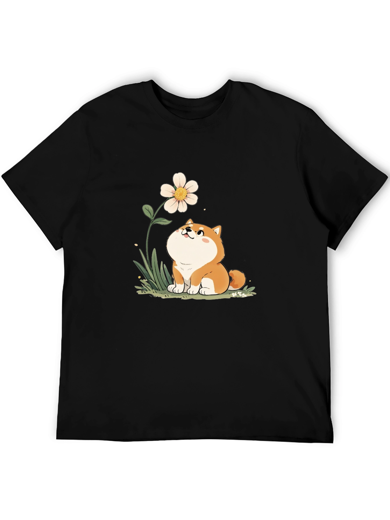 Cute Shiba Inu Flower T-Shirt - Black