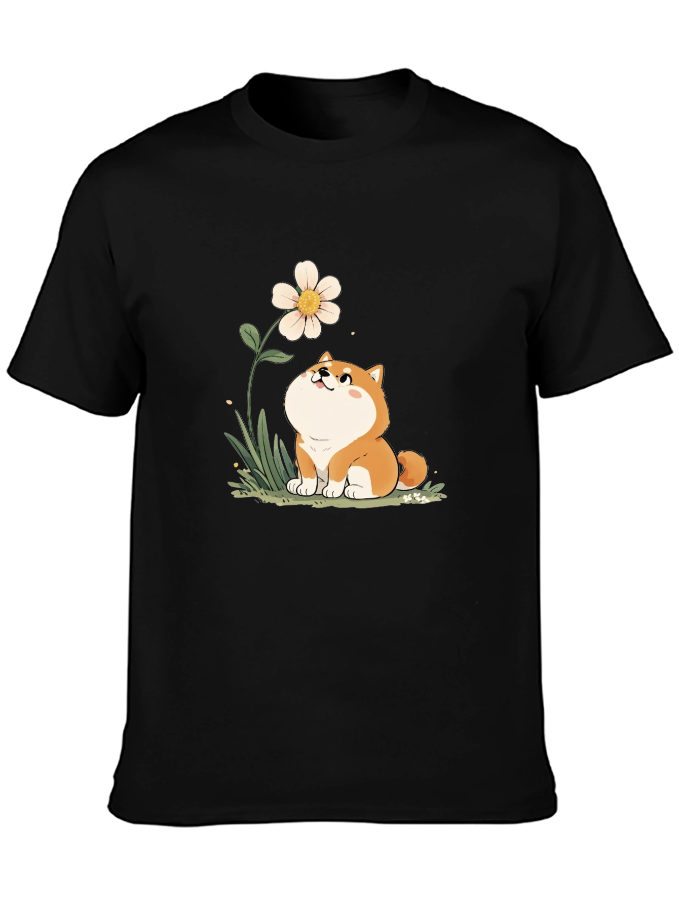 Cute Shiba Inu Flower T-Shirt - Black