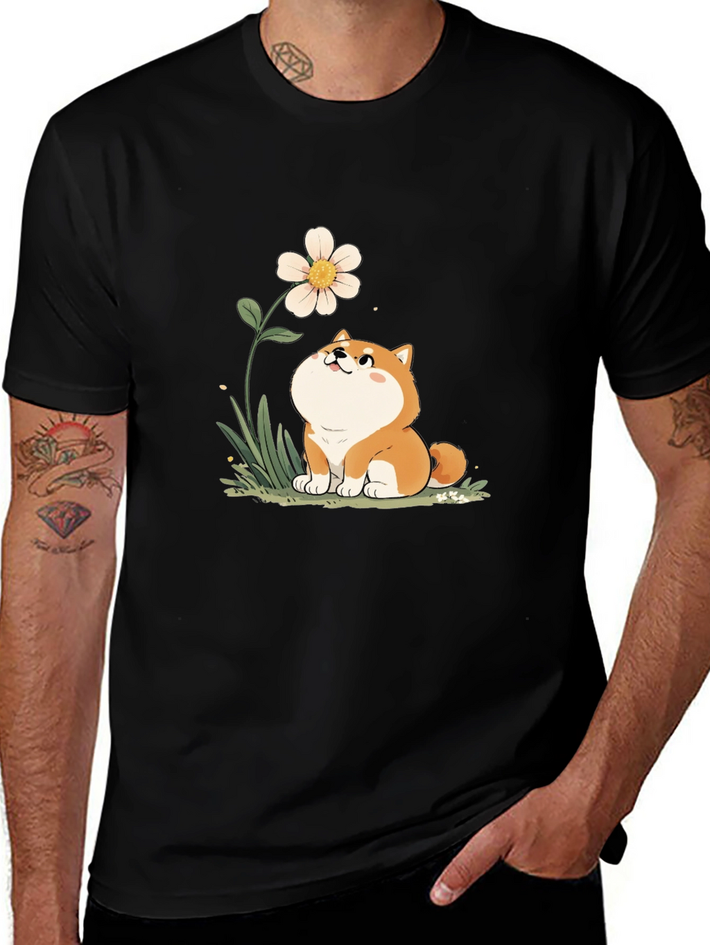 Cute Shiba Inu Flower T-Shirt - Black