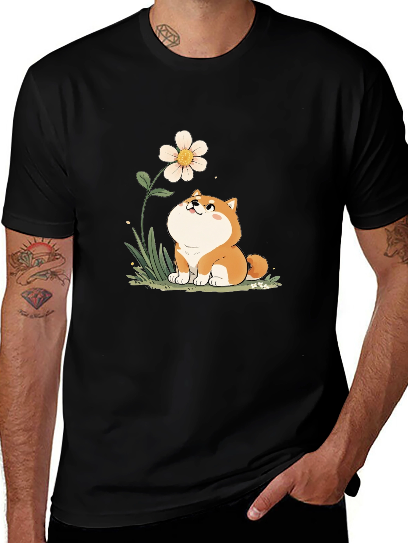 Cute Shiba Inu Flower T-Shirt - Black