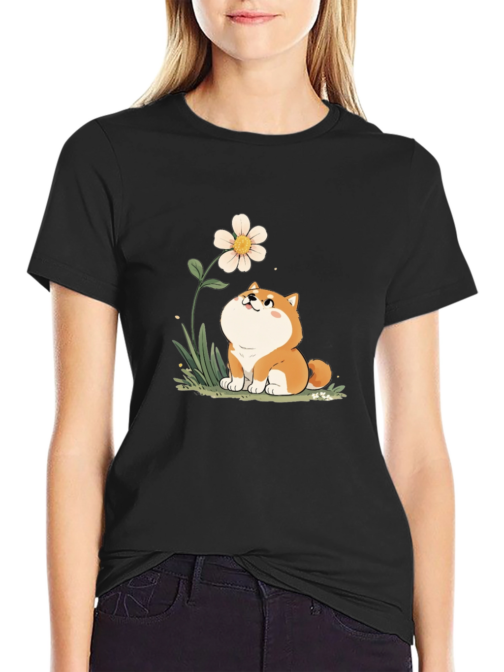 Cute Shiba Inu Flower T-Shirt - Black