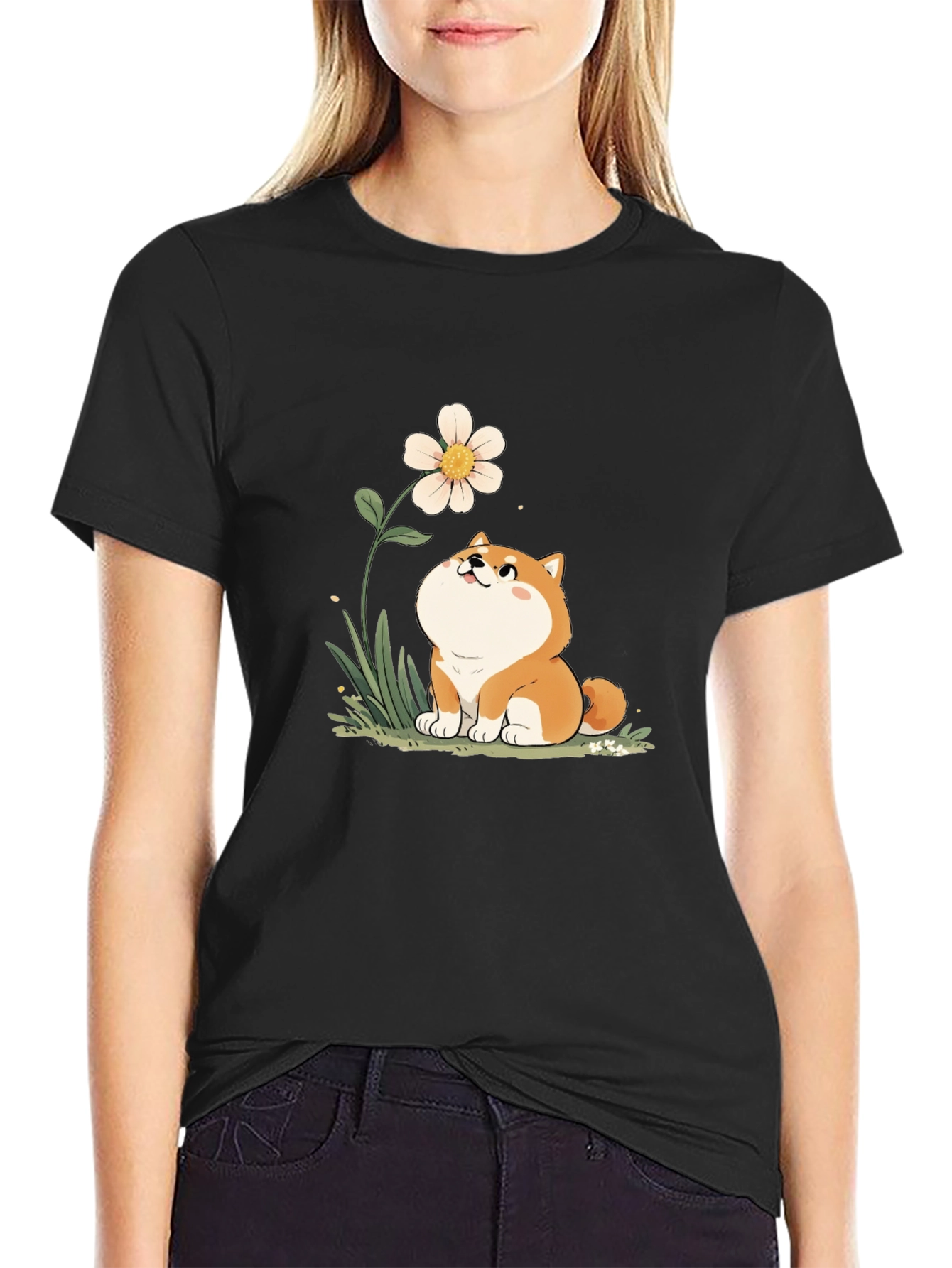 Cute Shiba Inu Flower T-Shirt - Black