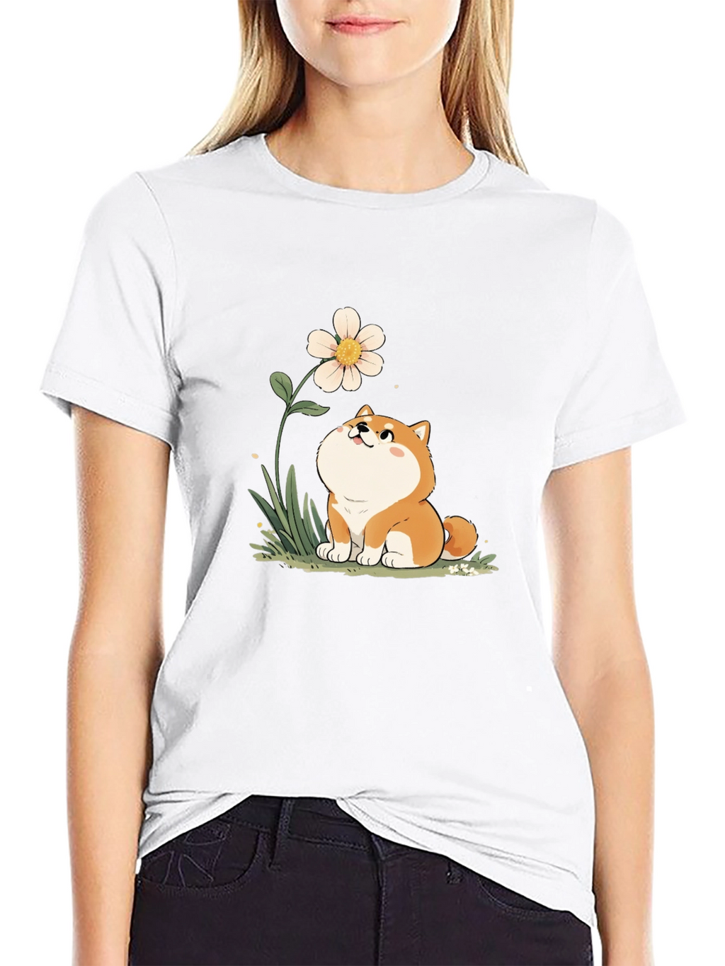 Cute Shiba Inu Flower T-Shirt - Black