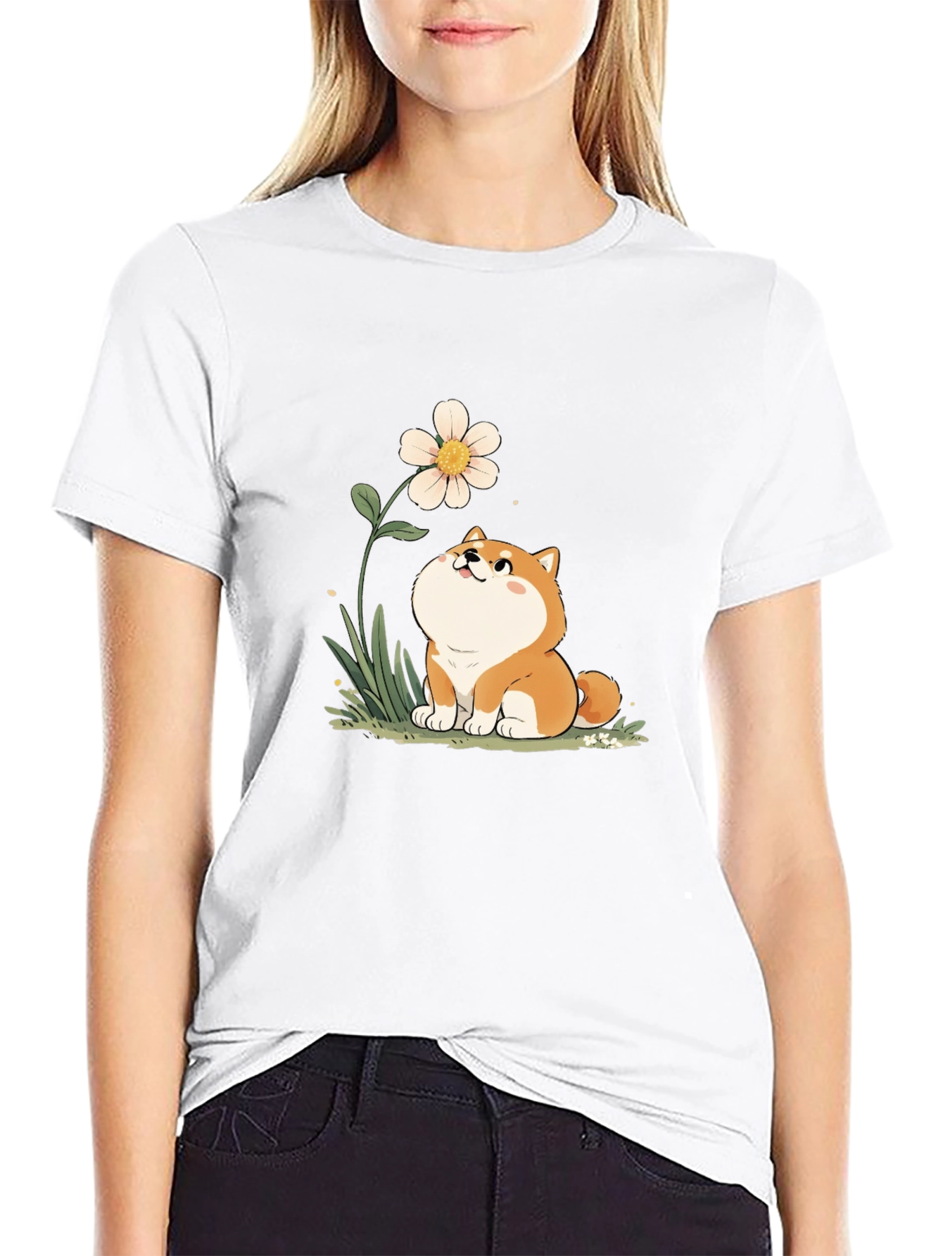 Cute Shiba Inu Flower T-Shirt - Black