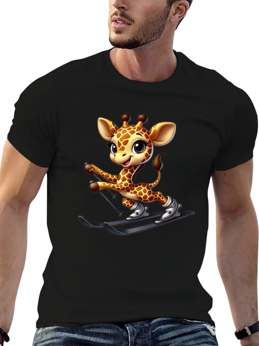 Skiing Giraffe Graphic Tee - Fun Novelty T-Shirt