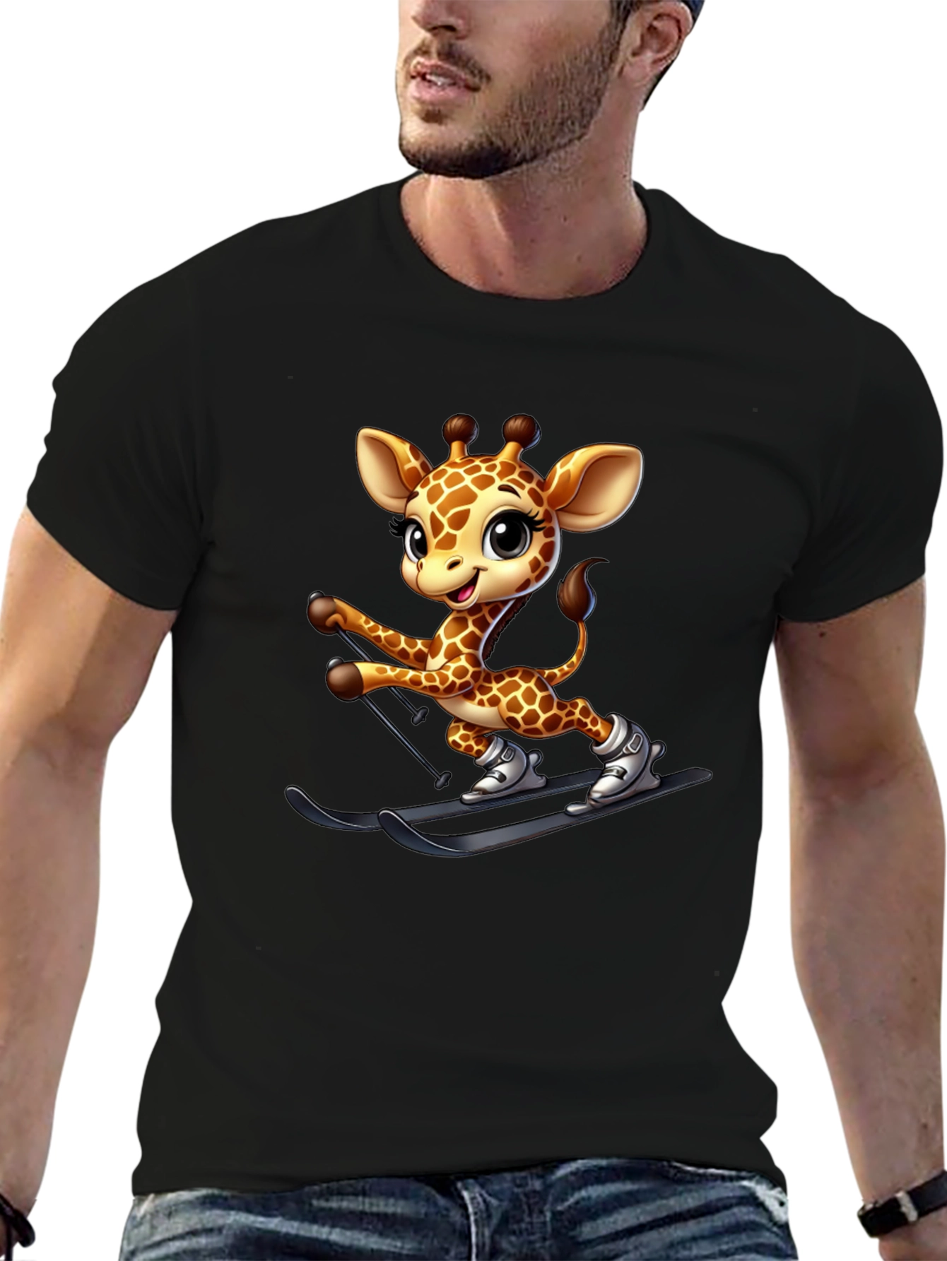 Skiing Giraffe Graphic Tee - Fun Novelty T-Shirt