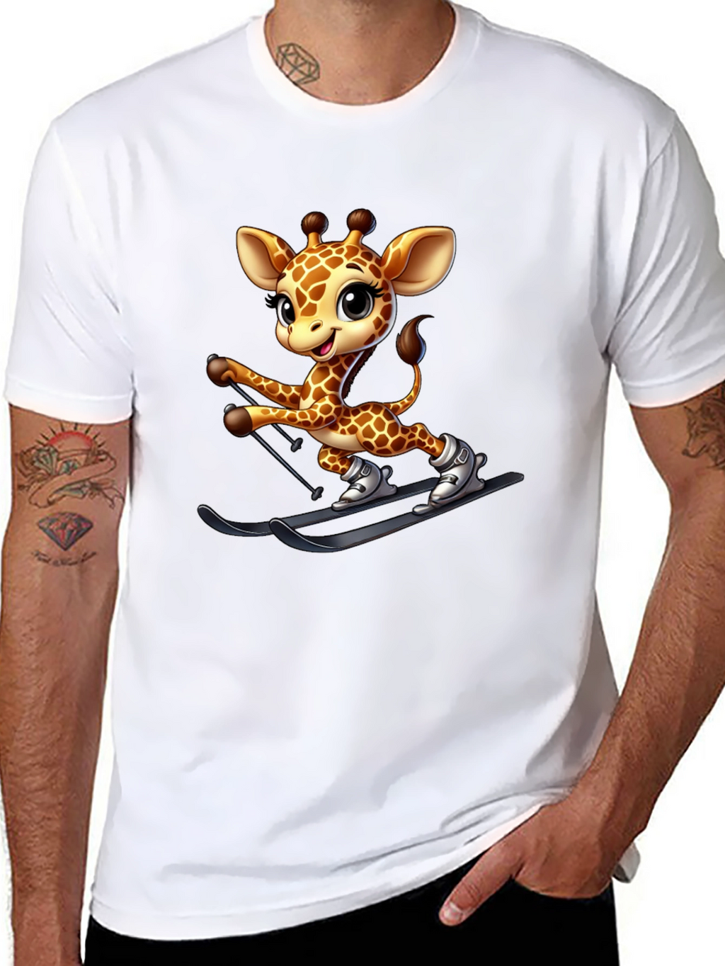 Skiing Giraffe Graphic Tee - Fun Novelty T-Shirt