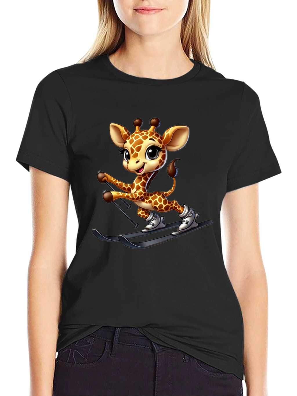 Skiing Giraffe Graphic Tee - Fun Novelty T-Shirt