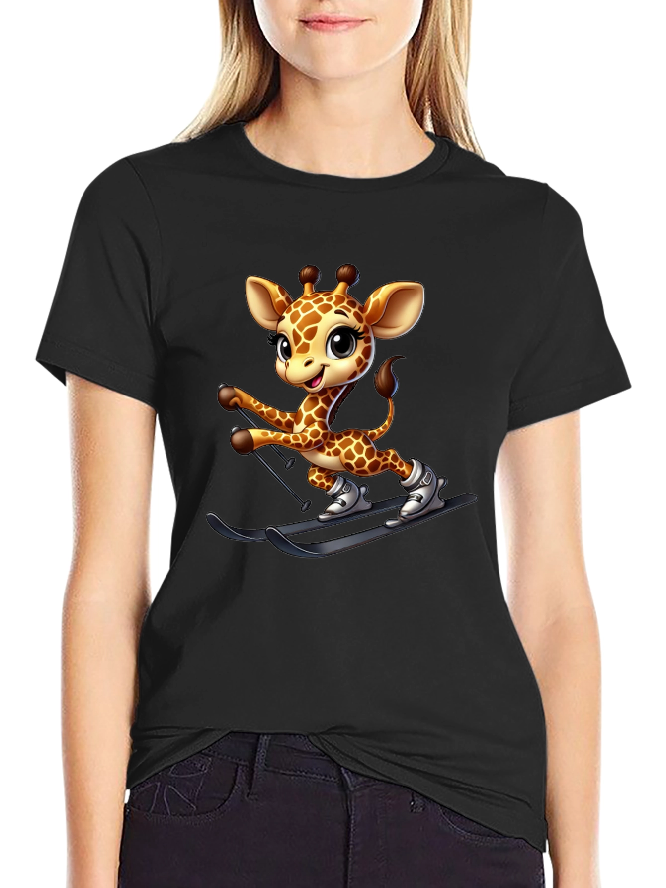 Skiing Giraffe Graphic Tee - Fun Novelty T-Shirt