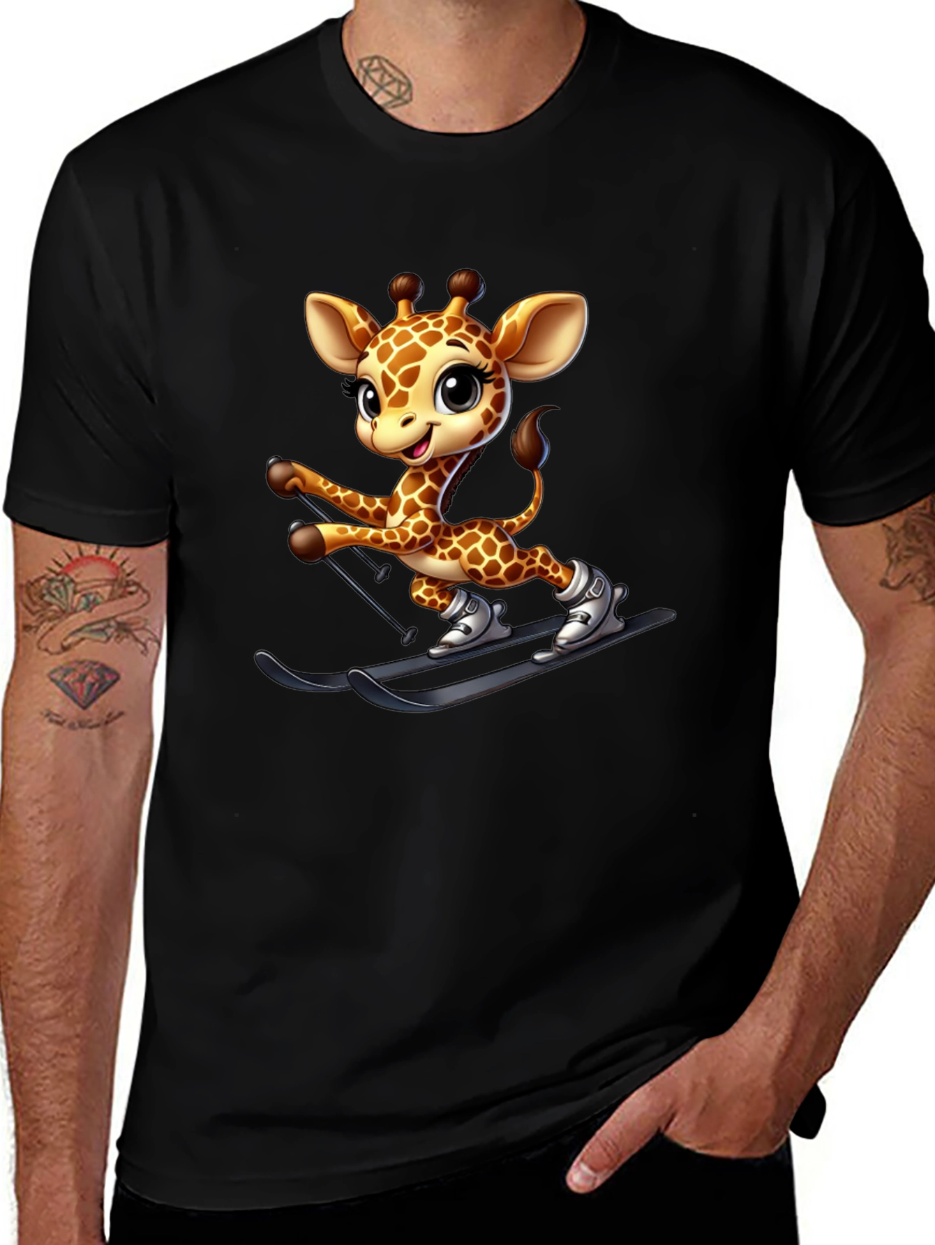 Skiing Giraffe Graphic Tee - Fun Novelty T-Shirt