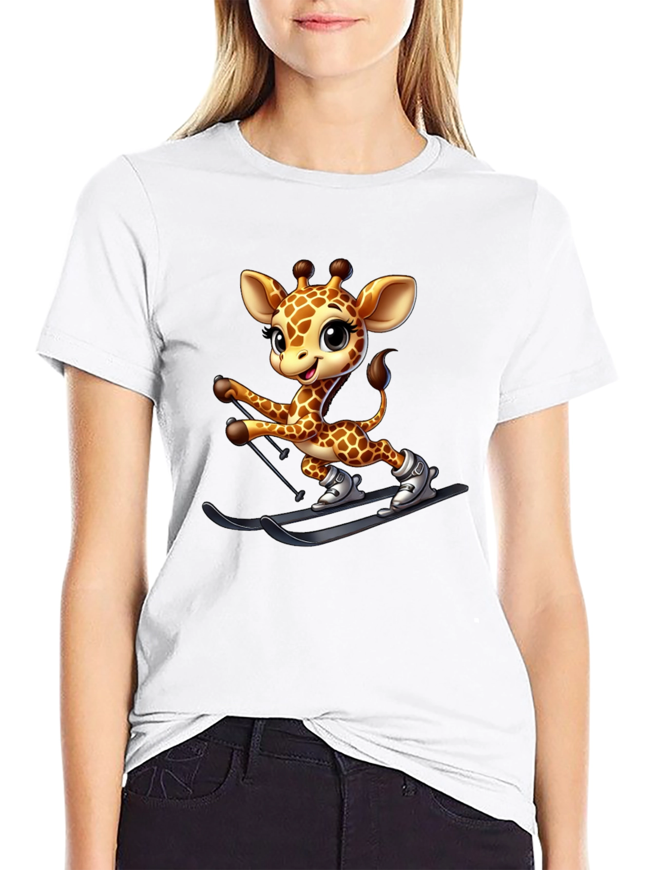 Skiing Giraffe Graphic Tee - Fun Novelty T-Shirt