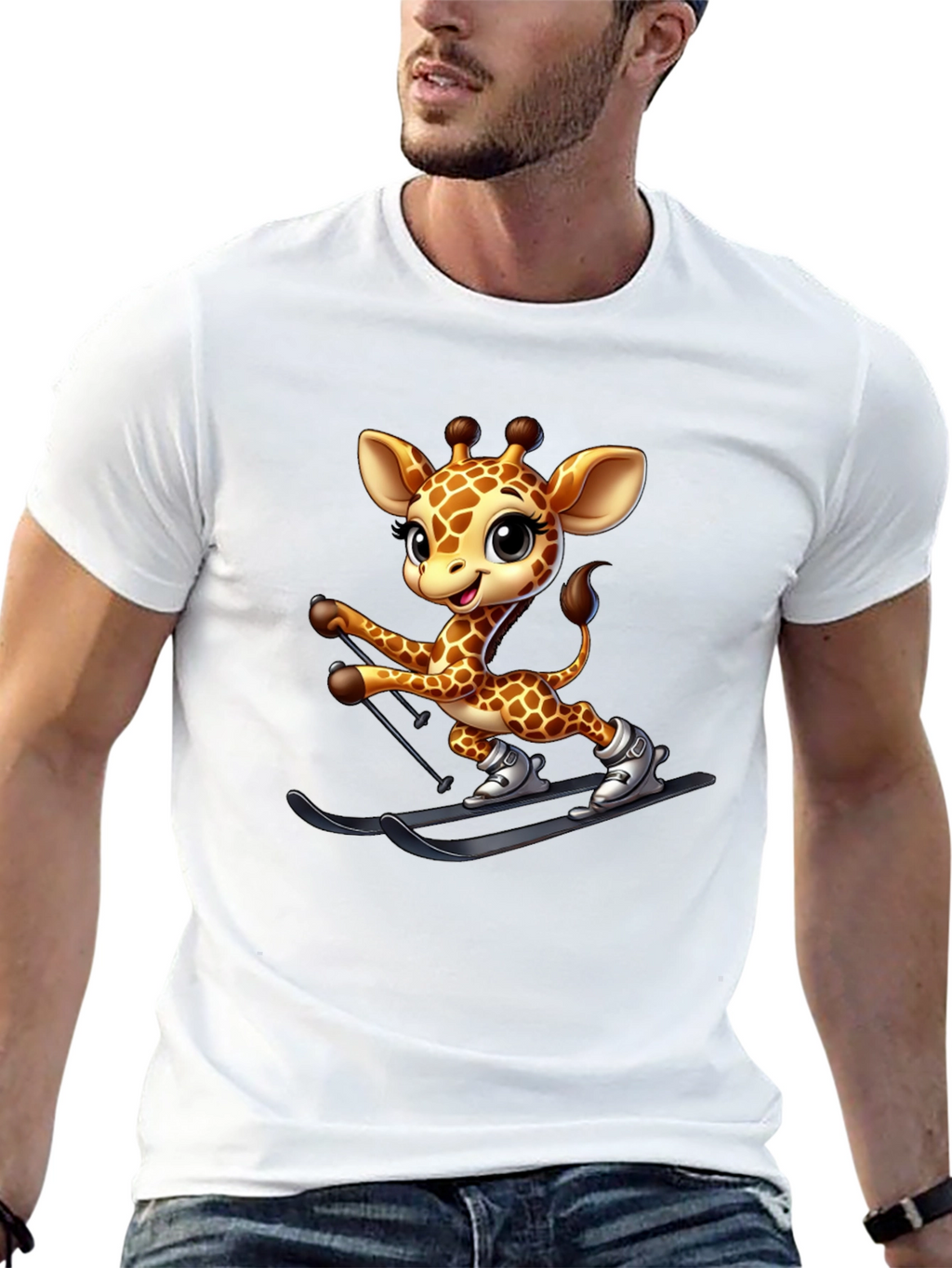 Skiing Giraffe Graphic Tee - Fun Novelty T-Shirt