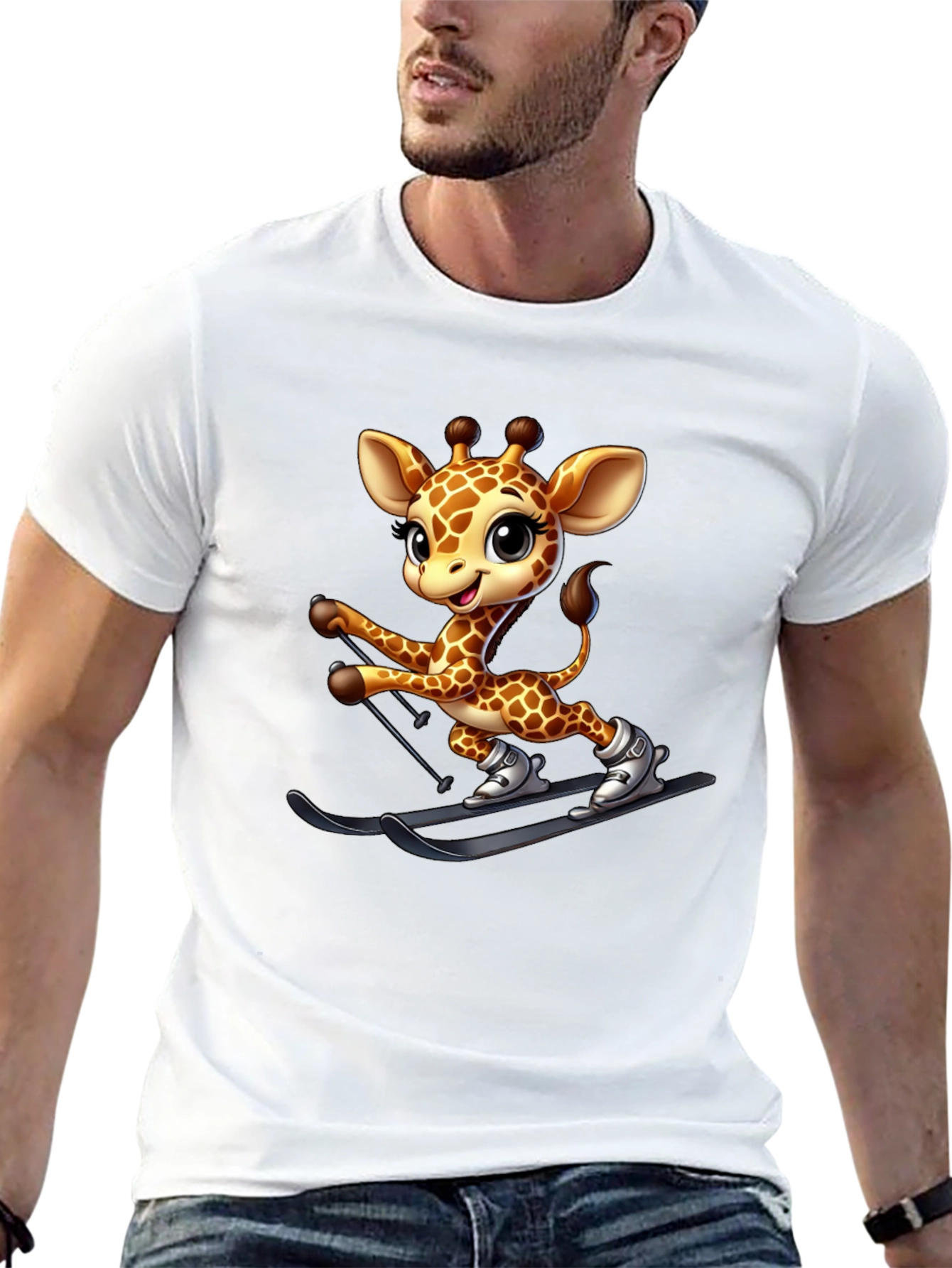 Skiing Giraffe Graphic Tee - Fun Novelty T-Shirt
