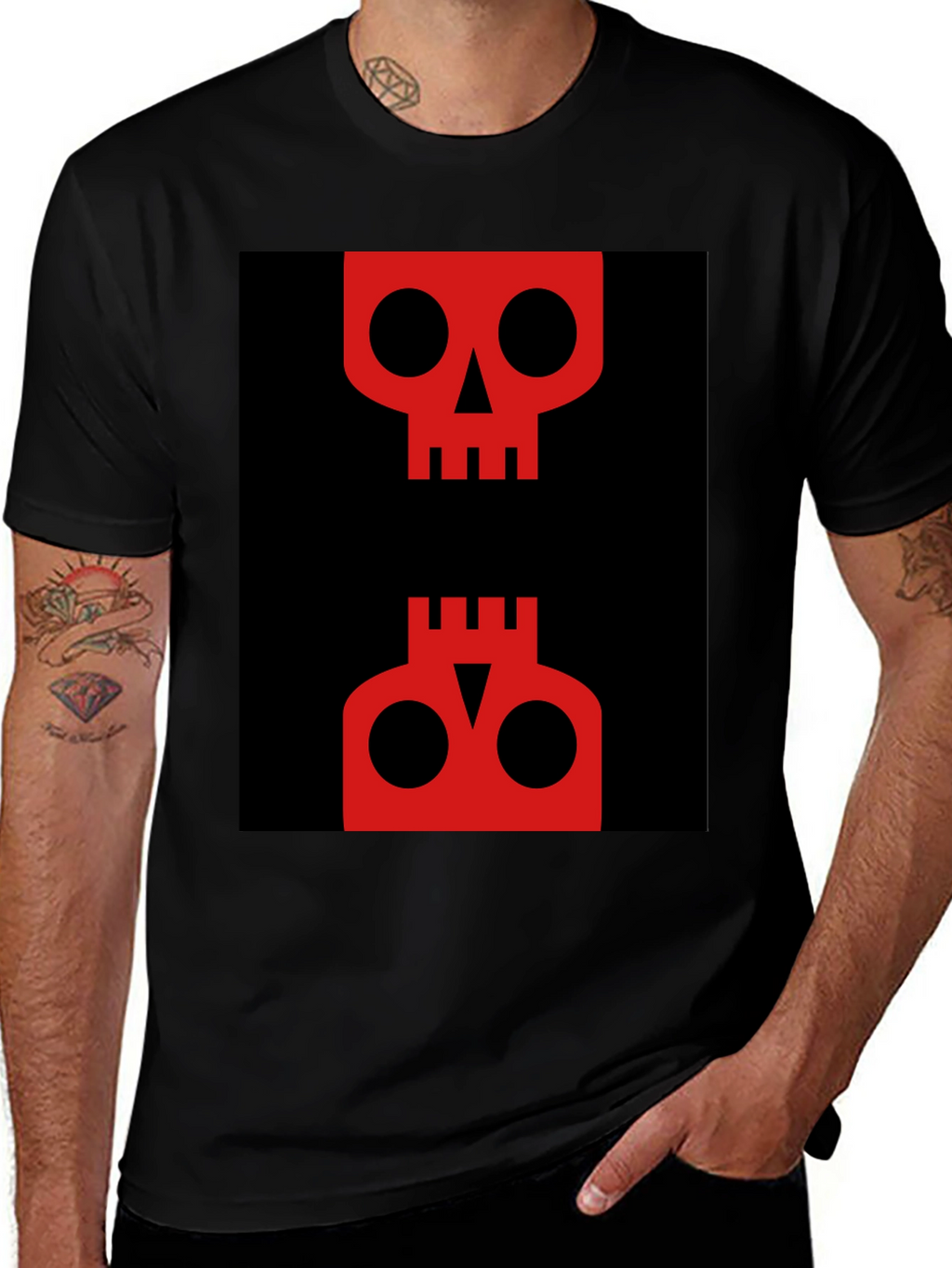 Abstract Skull Graphic Tee - Red on Black