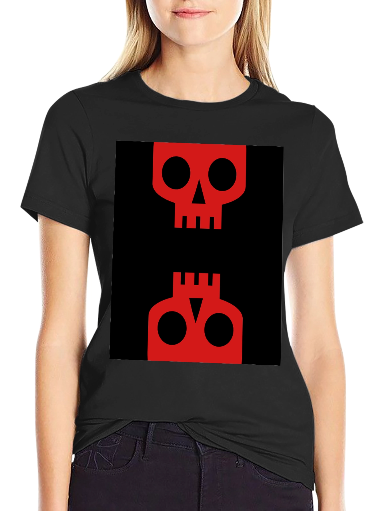 Abstract Skull Graphic Tee - Red on Black