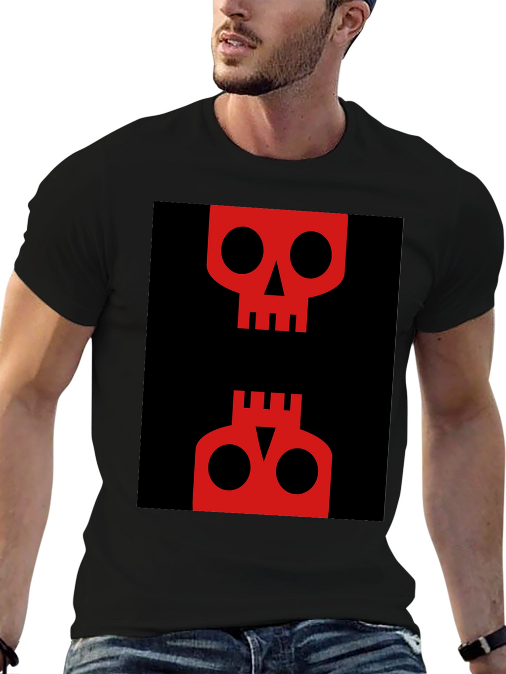 Abstract Skull Graphic Tee - Red on Black