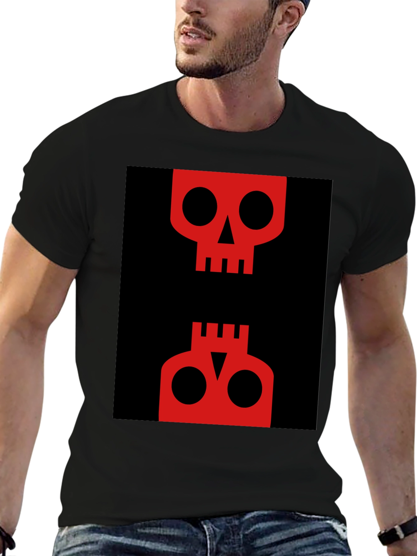 Abstract Skull Graphic Tee - Red on Black