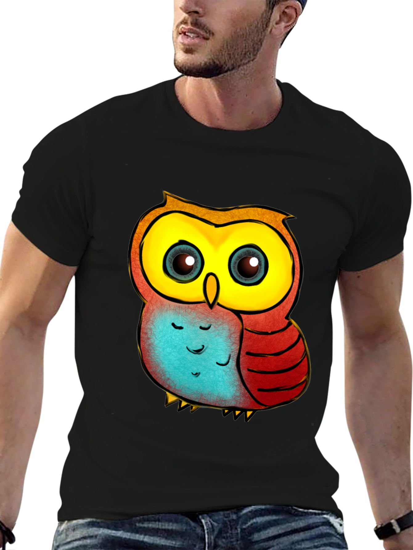 Cute Cartoon Owl Graphic Tee - Black T-Shirt