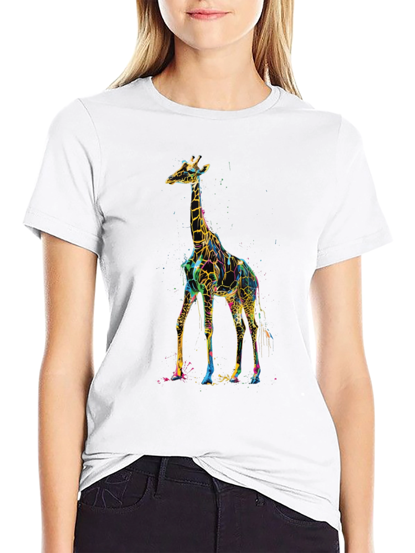 Vibrant Giraffe Print Black T-Shirt