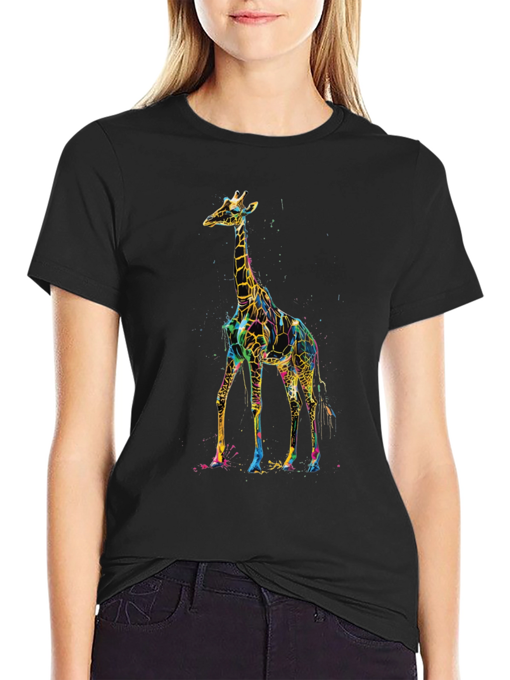 Vibrant Giraffe Print Black T-Shirt