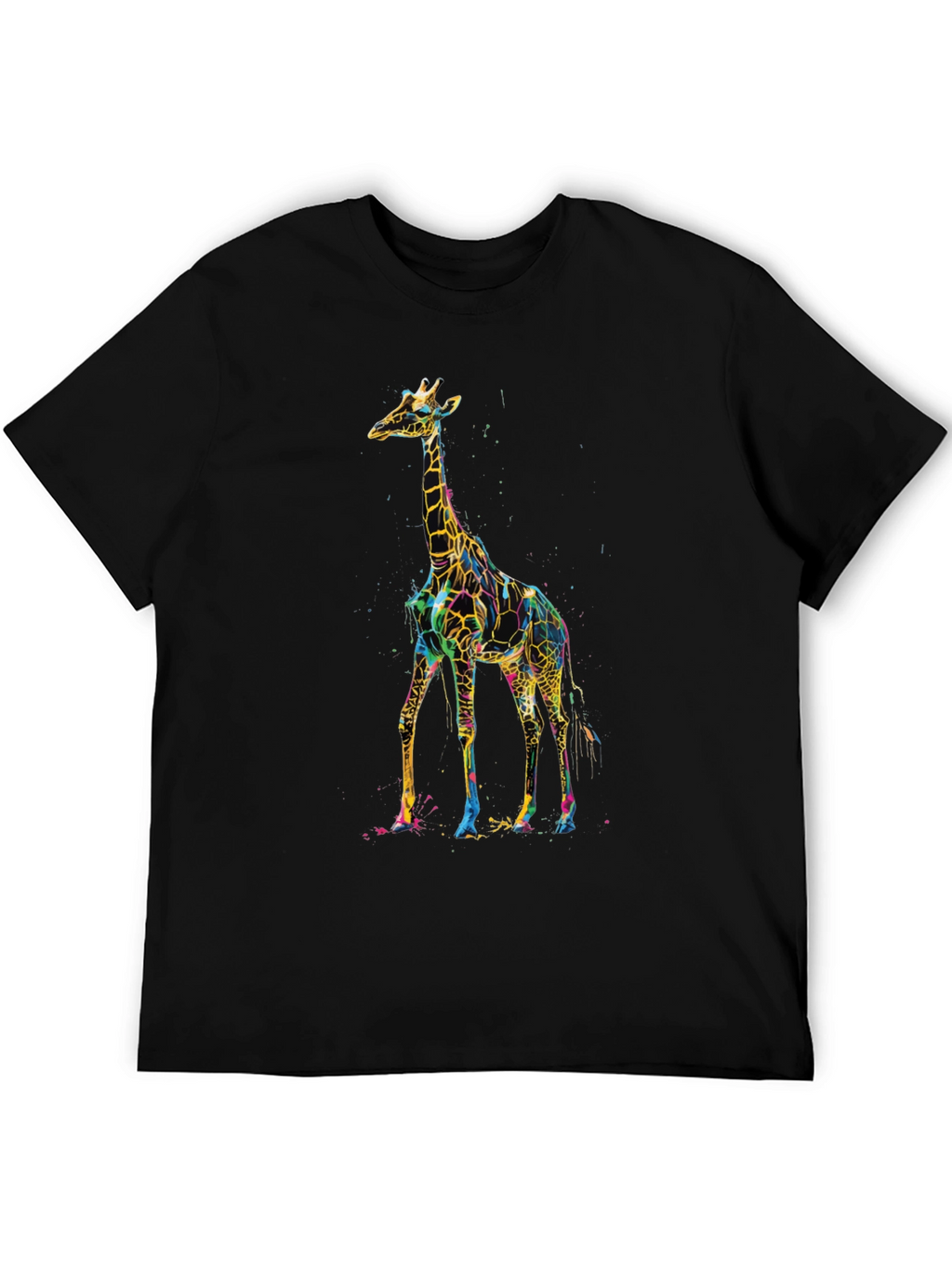 Vibrant Giraffe Print Black T-Shirt