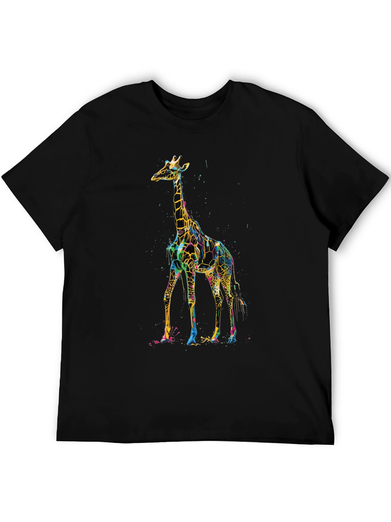 Vibrant Giraffe Print Black T-Shirt