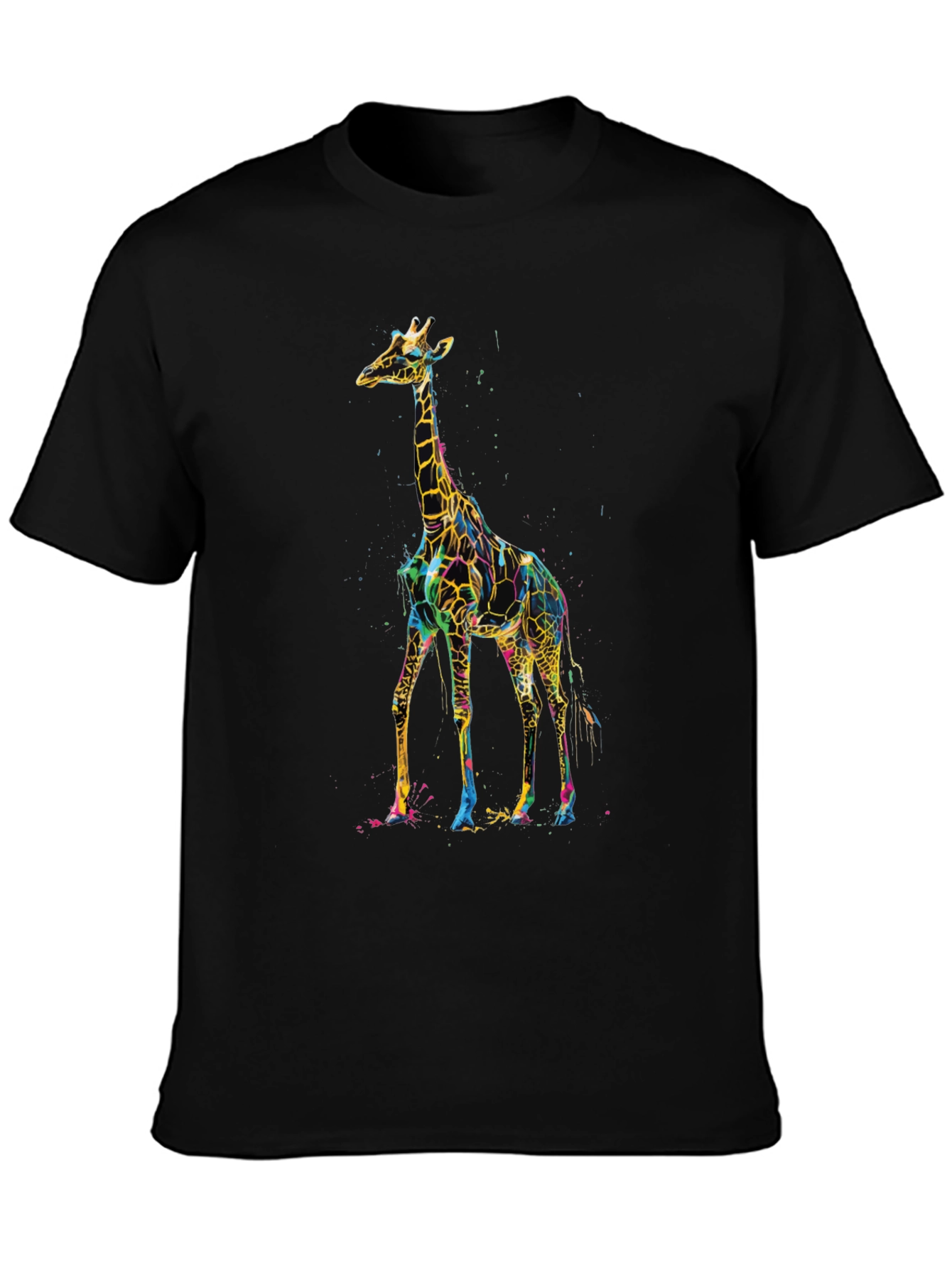 Vibrant Giraffe Print Black T-Shirt
