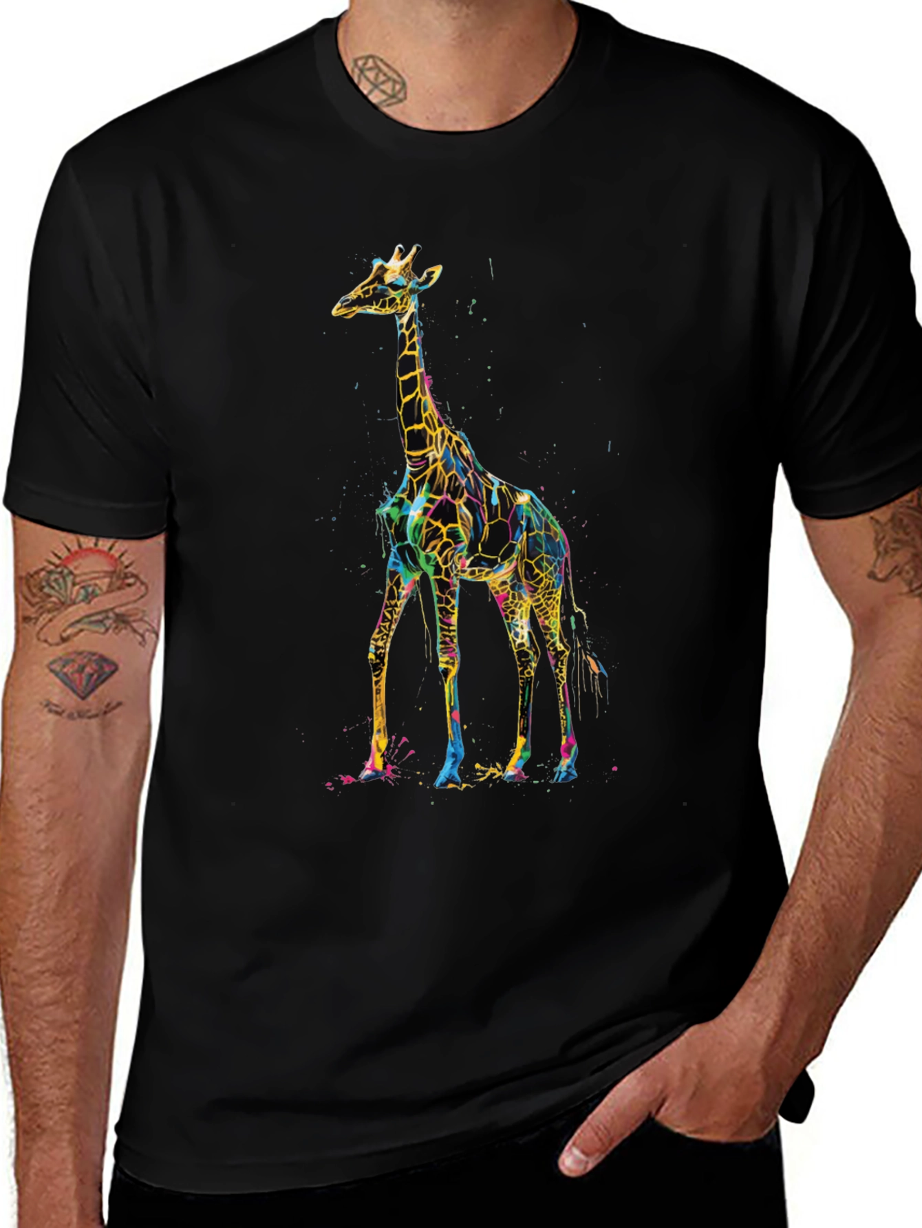 Vibrant Giraffe Print Black T-Shirt