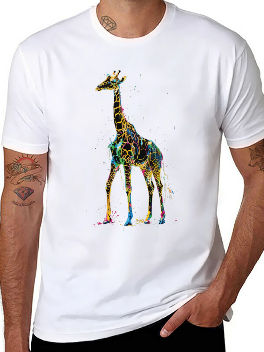 Vibrant Giraffe Print Black T-Shirt