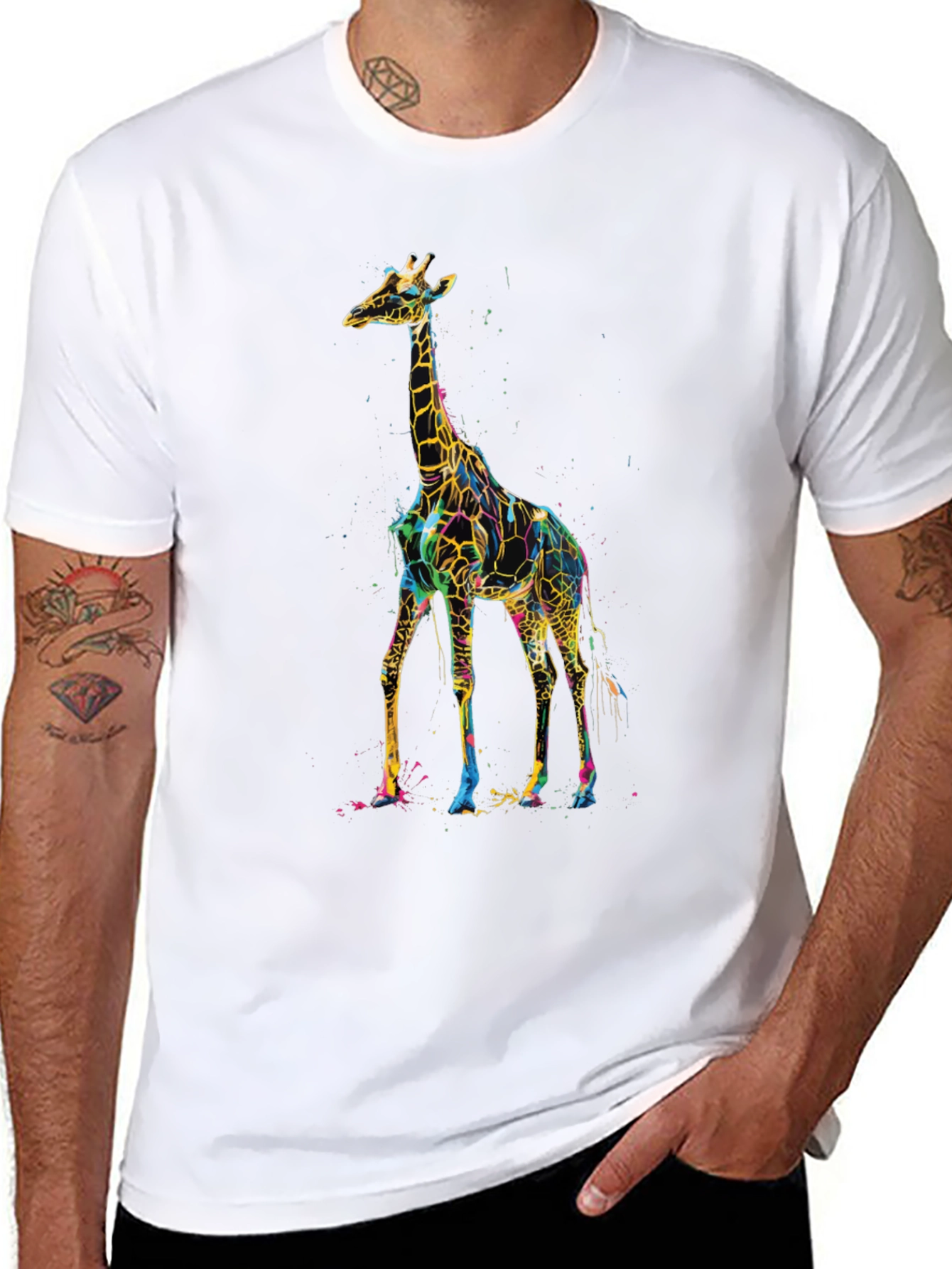 Vibrant Giraffe Print Black T-Shirt