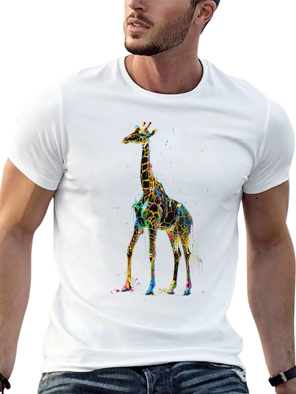 Vibrant Giraffe Print Black T-Shirt