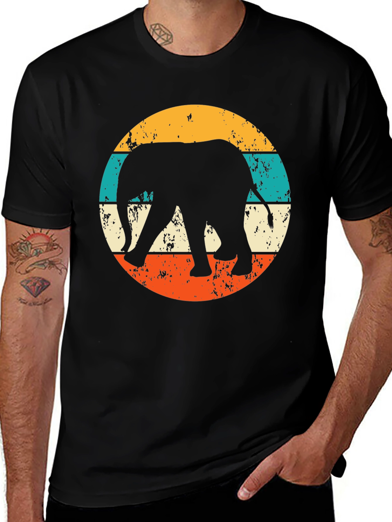 Retro Elephant Graphic Tee - Black Cotton Blend