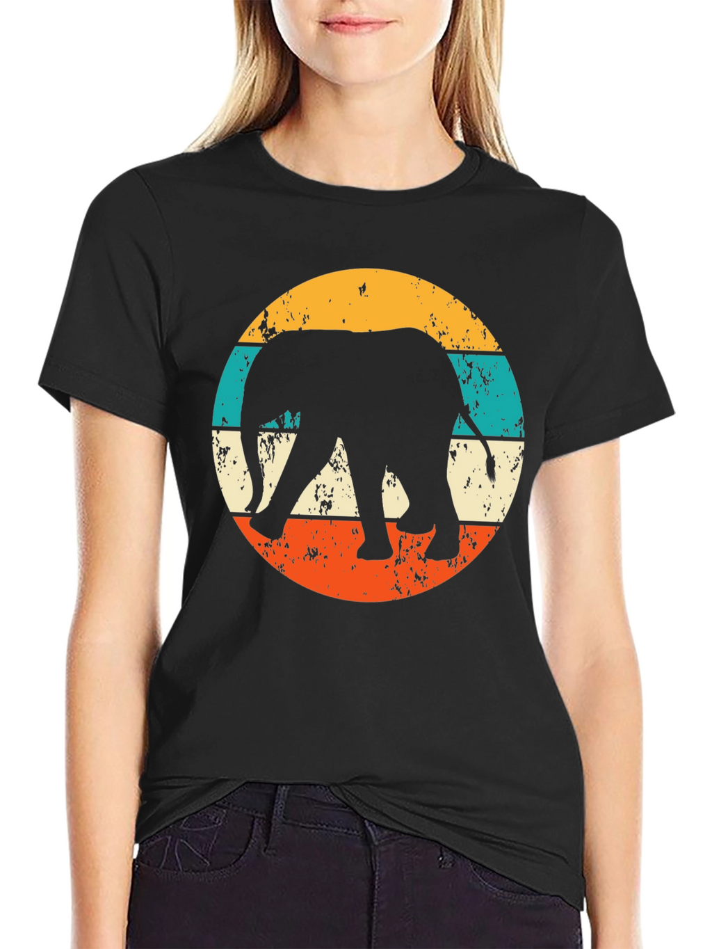 Retro Elephant Graphic Tee - Black Cotton Blend