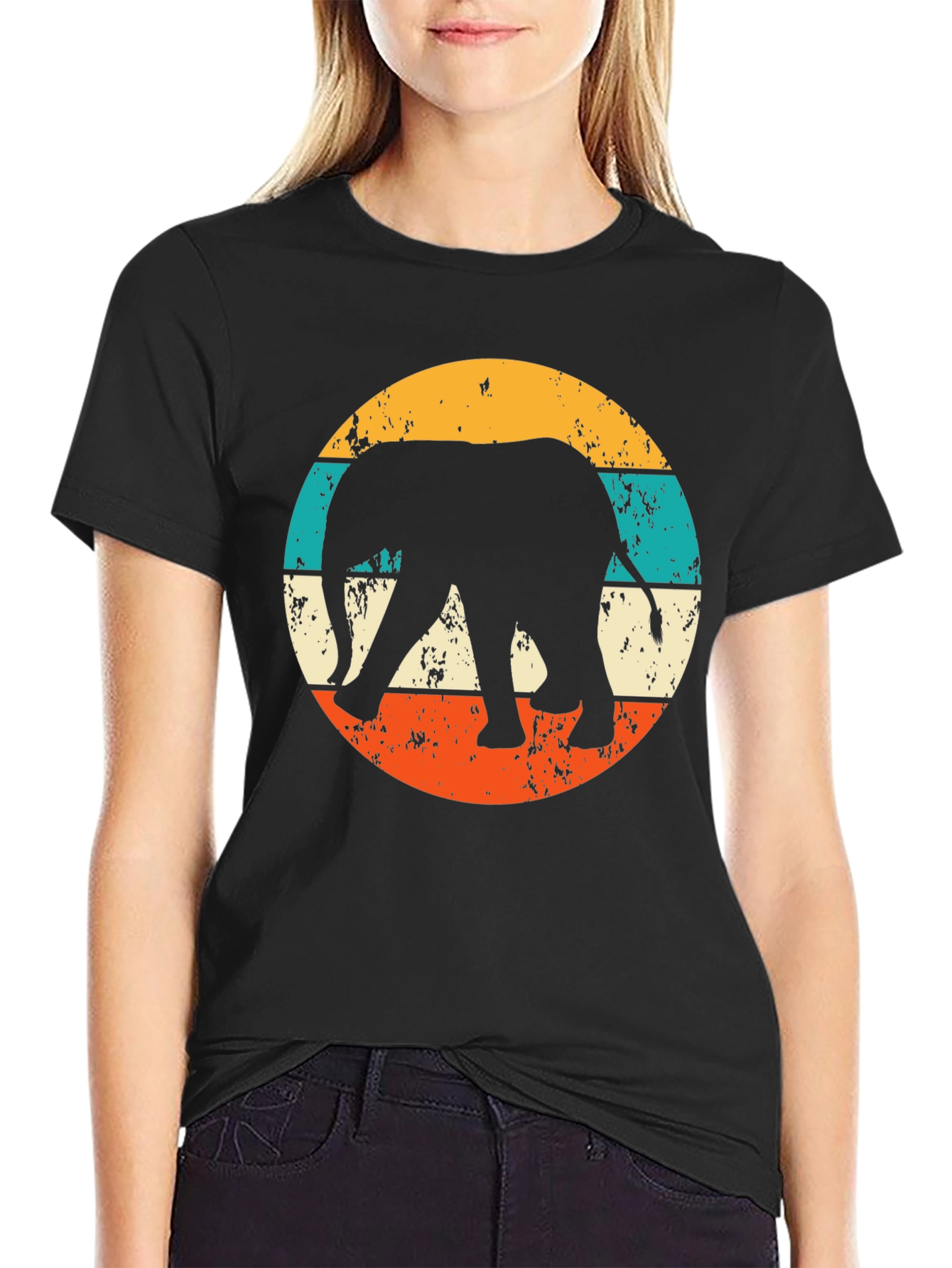 Retro Elephant Graphic Tee - Black Cotton Blend