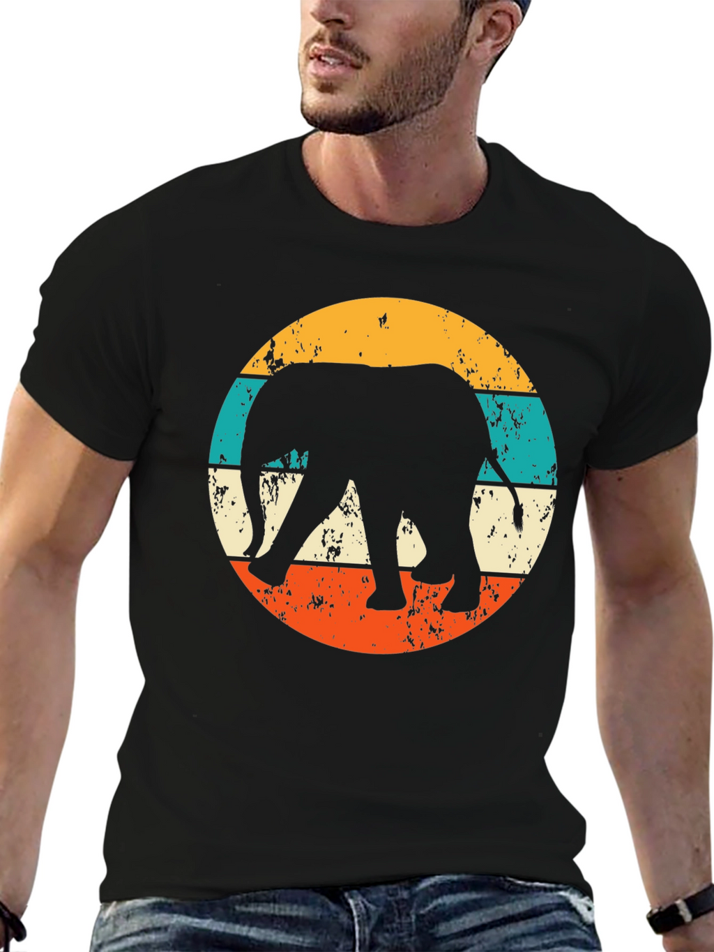 Retro Elephant Graphic Tee - Black Cotton Blend