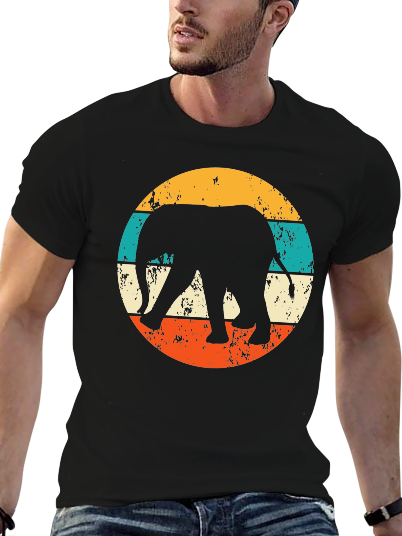 Retro Elephant Graphic Tee - Black Cotton Blend