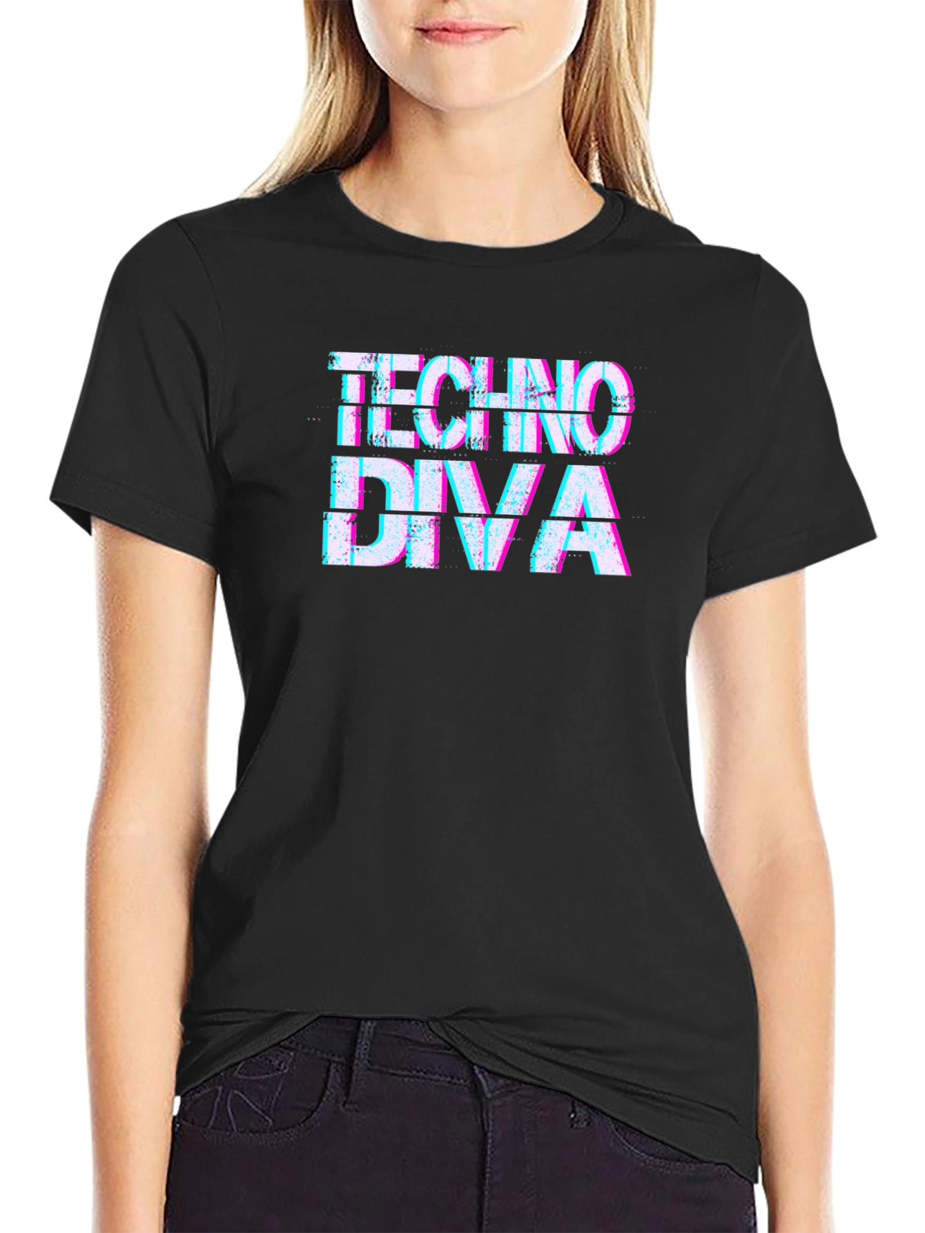 Techno Diva Glitch Graphic Black T-Shirt