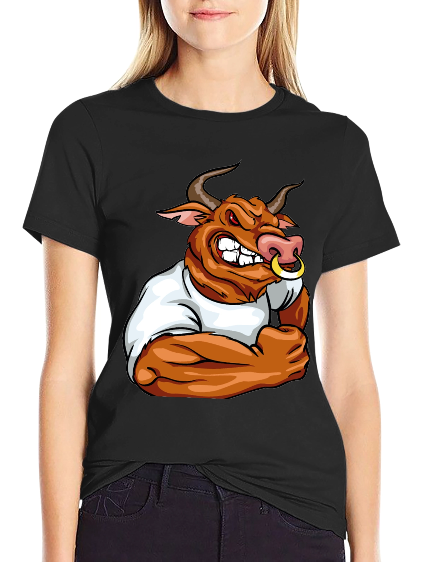 Bull Cartoon Graphic Print Black T-Shirt