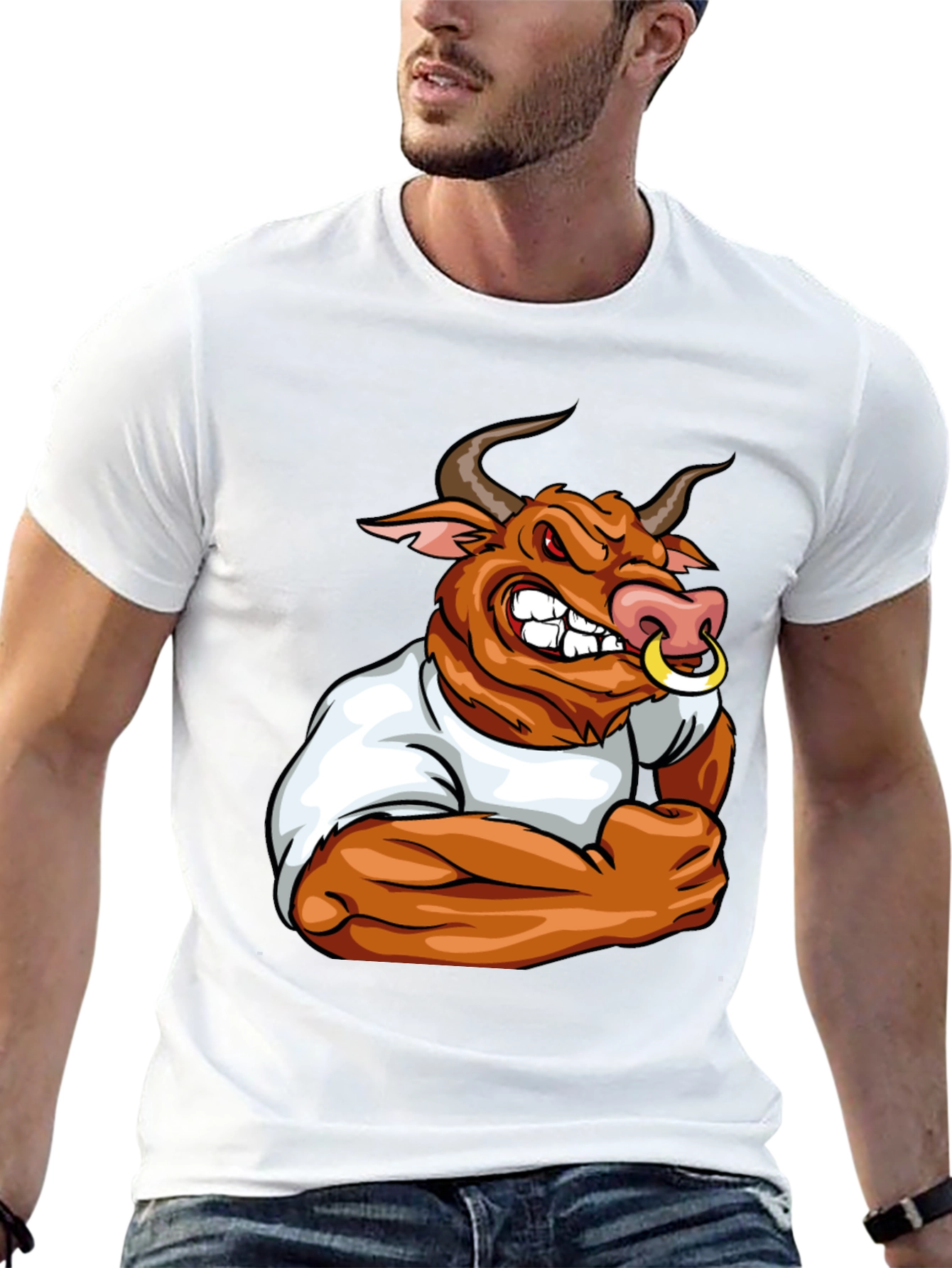 Bull Cartoon Graphic Print Black T-Shirt