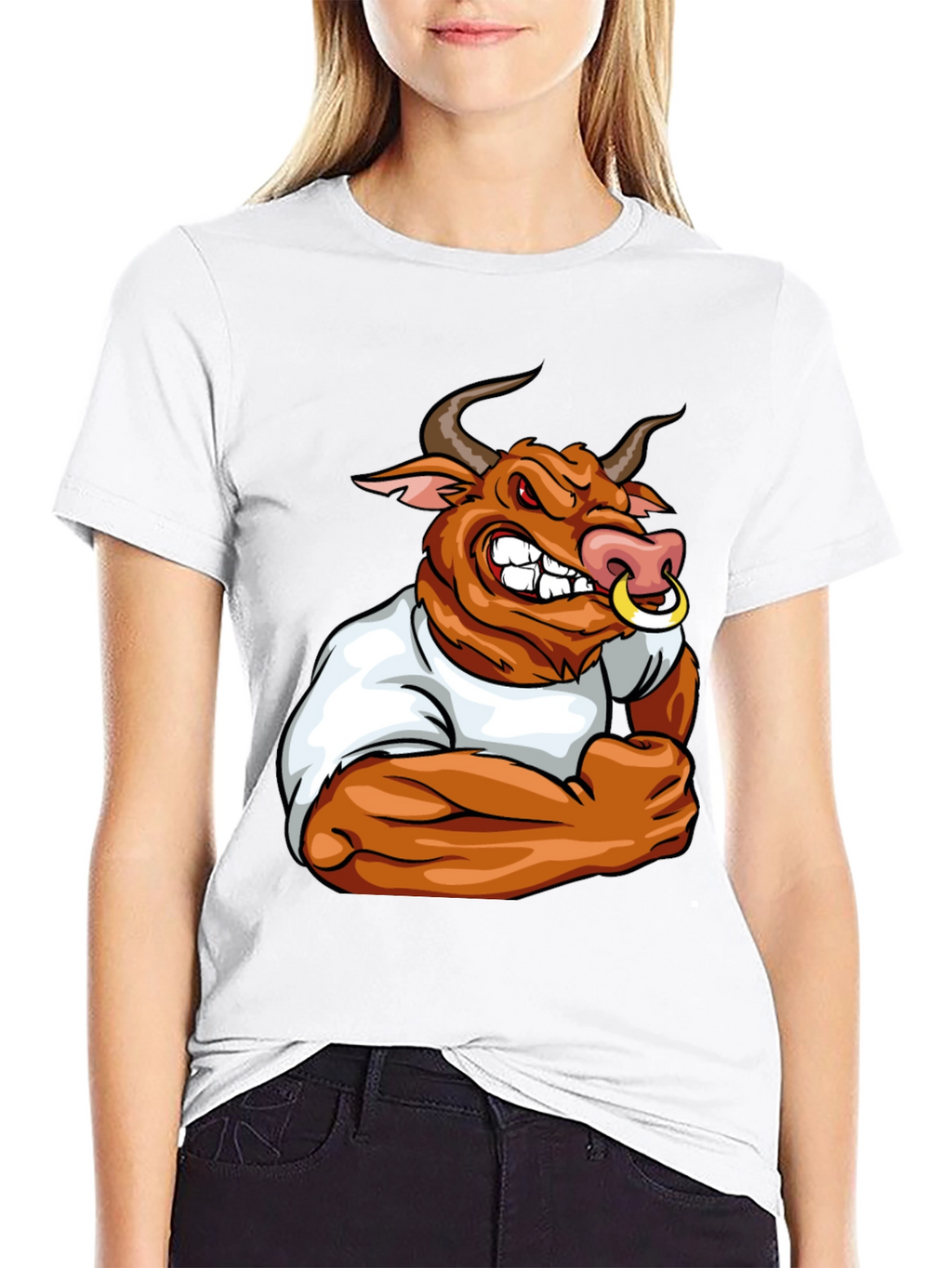 Bull Cartoon Graphic Print Black T-Shirt
