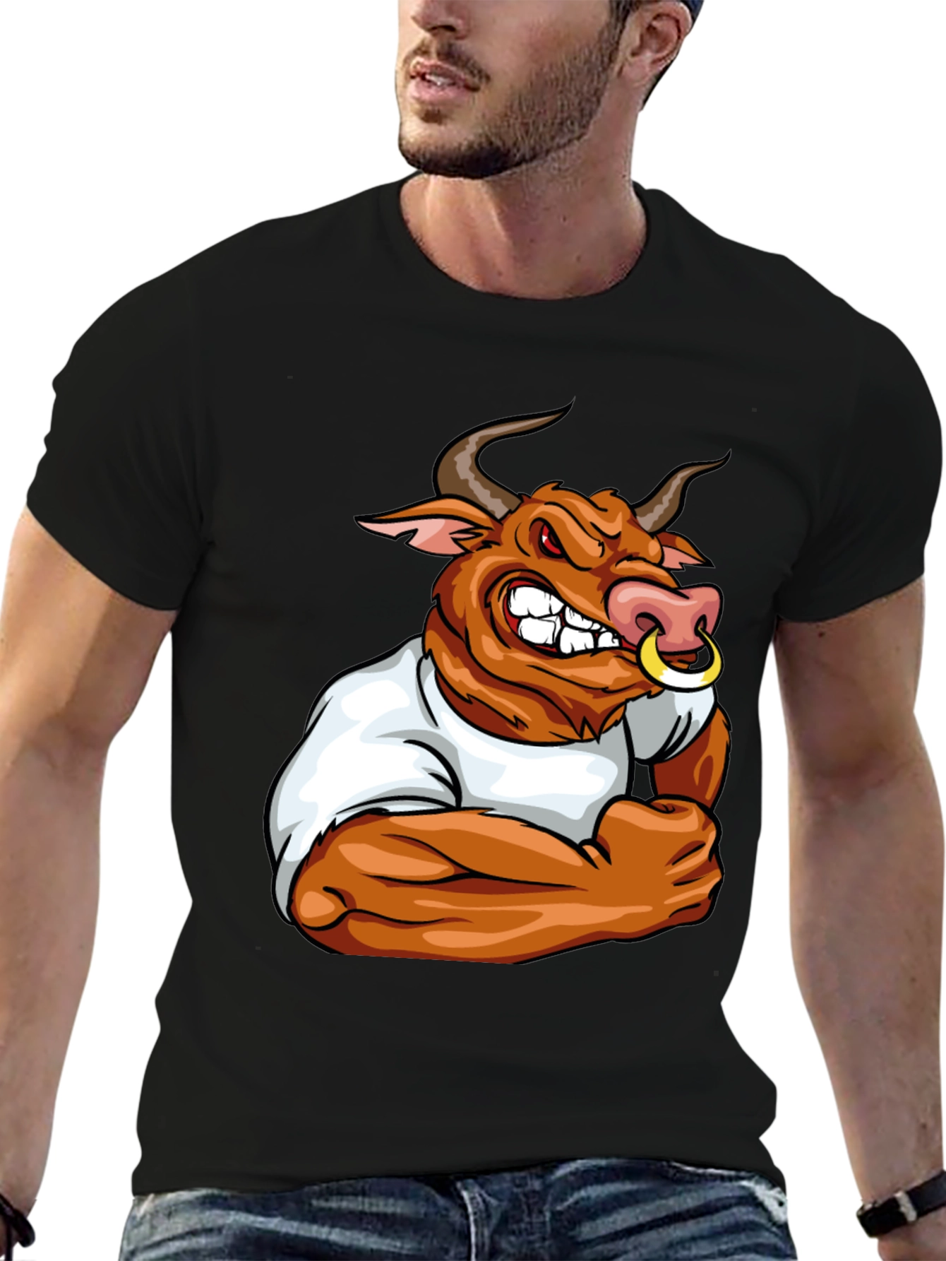 Bull Cartoon Graphic Print Black T-Shirt