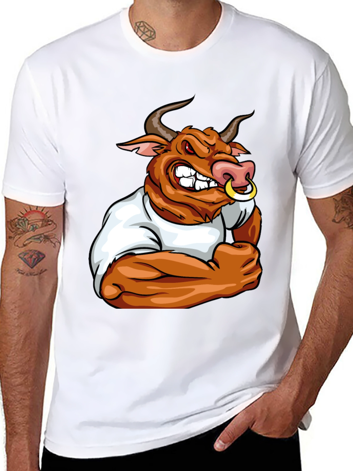 Bull Cartoon Graphic Print Black T-Shirt