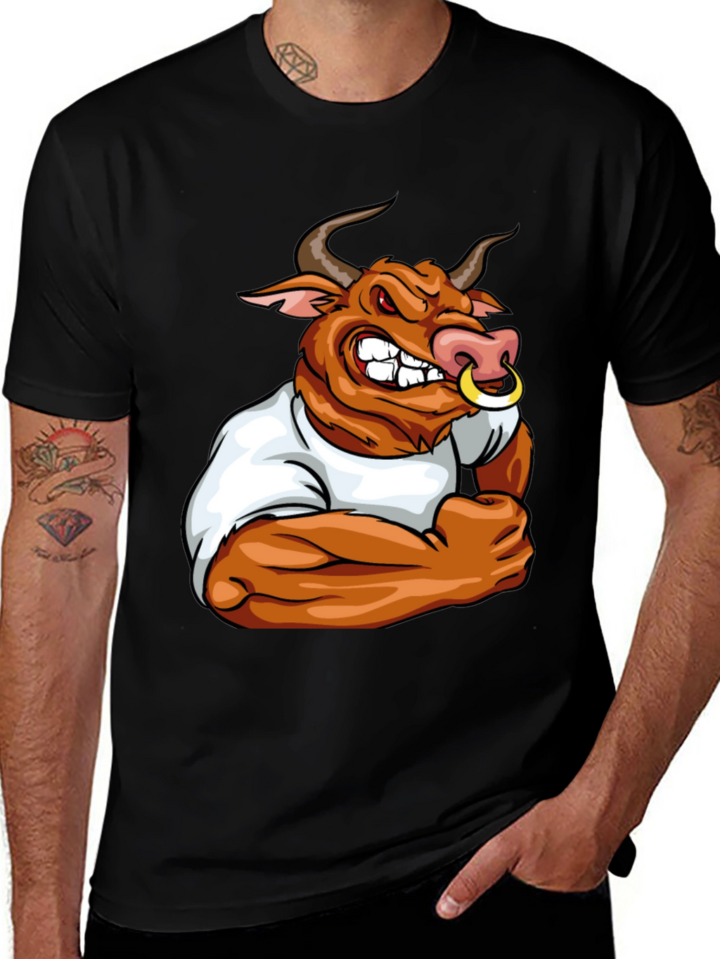 Bull Cartoon Graphic Print Black T-Shirt