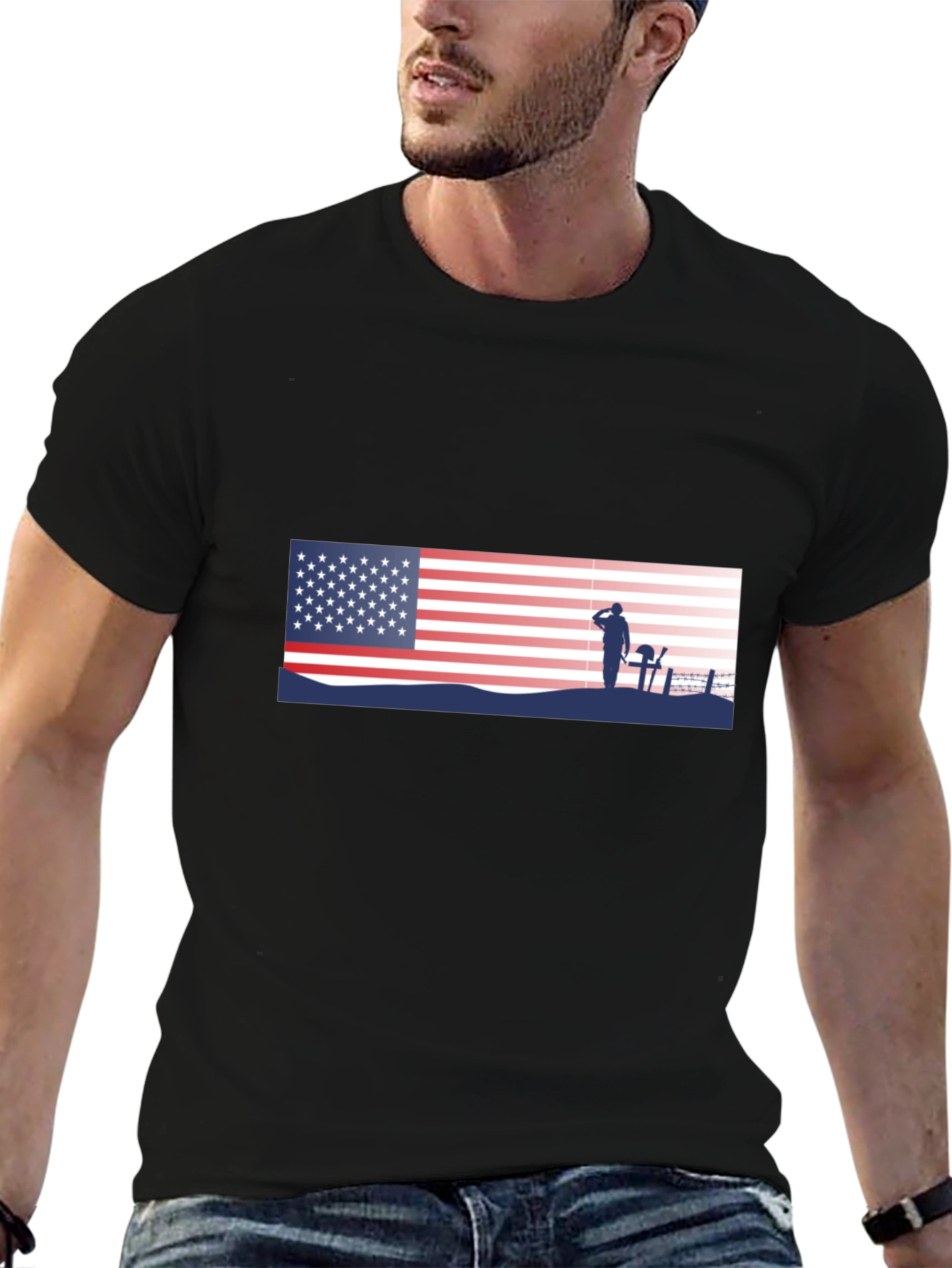 Patriotic US Flag & Soldier Silhouette T-Shirt