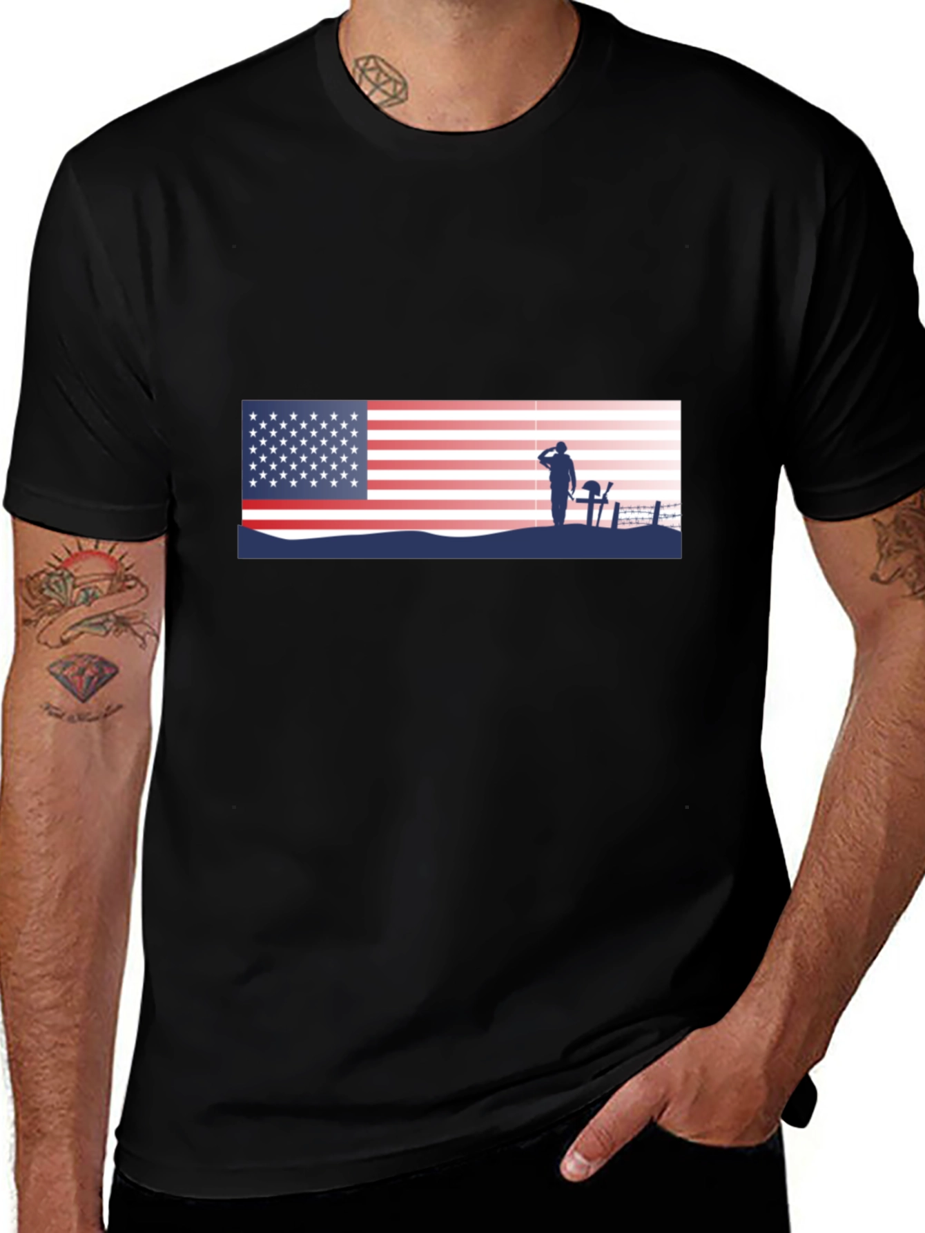 Patriotic US Flag & Soldier Silhouette T-Shirt