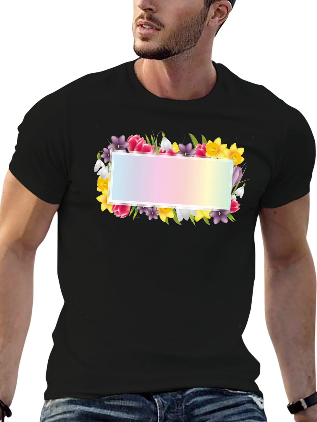 Floral Frame Graphic Tee - Black Cotton T-Shirt