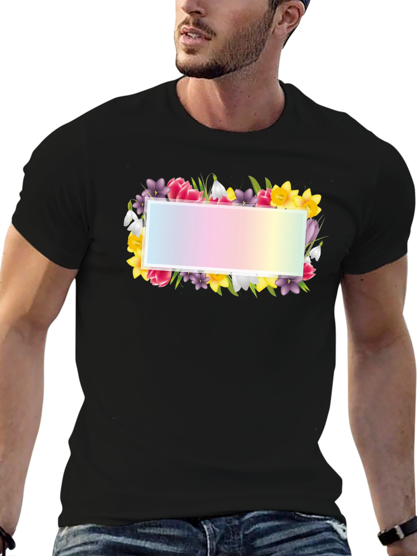 Floral Frame Graphic Tee - Black Cotton T-Shirt