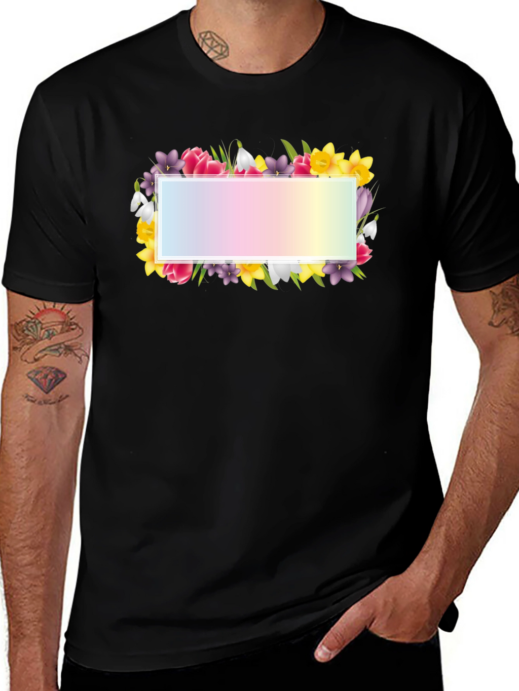 Floral Frame Graphic Tee - Black Cotton T-Shirt