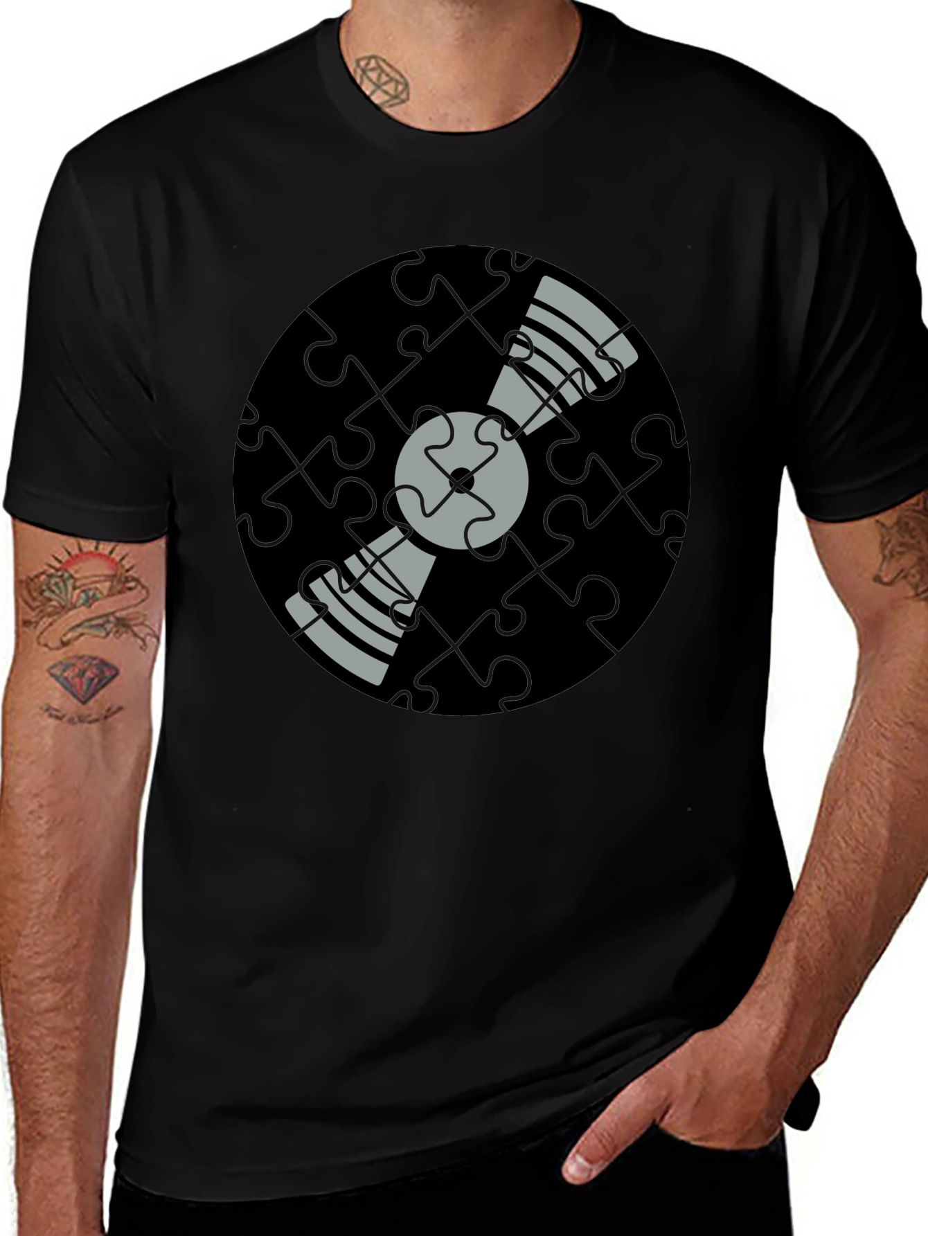 Puzzle Piece Vinyl Record Graphic Tee - Black