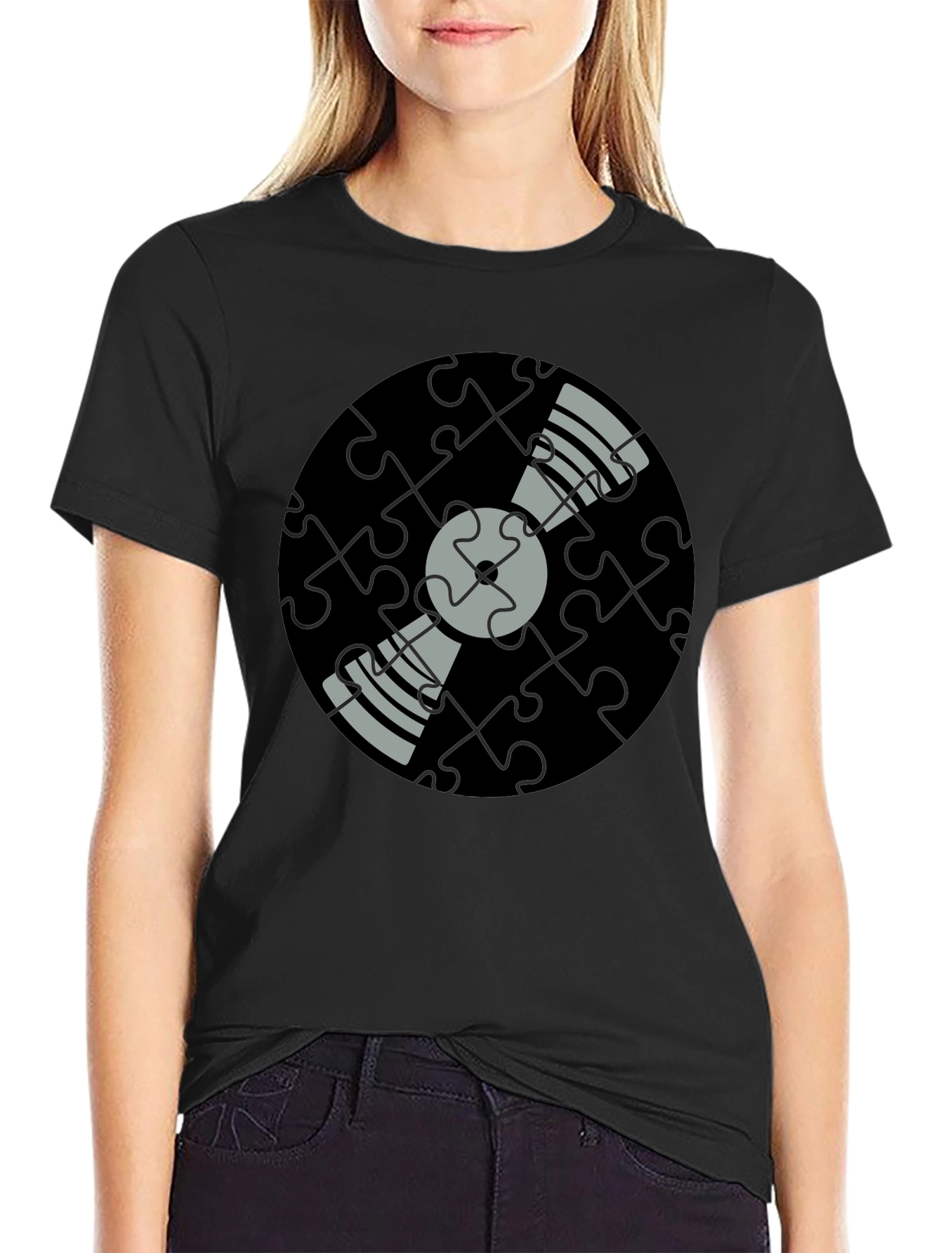 Puzzle Piece Vinyl Record Graphic Tee - Black
